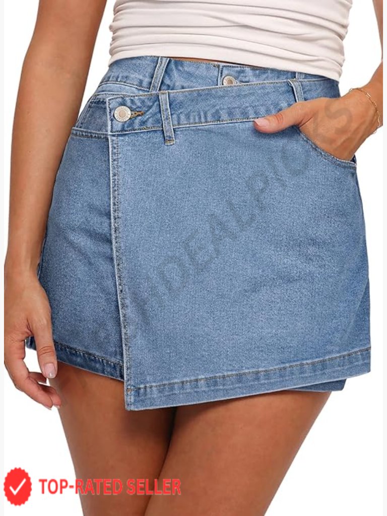 High Waisted Jean Skort Wrap Asymmetrical Denim Skorts Casual Shorts Stretchy